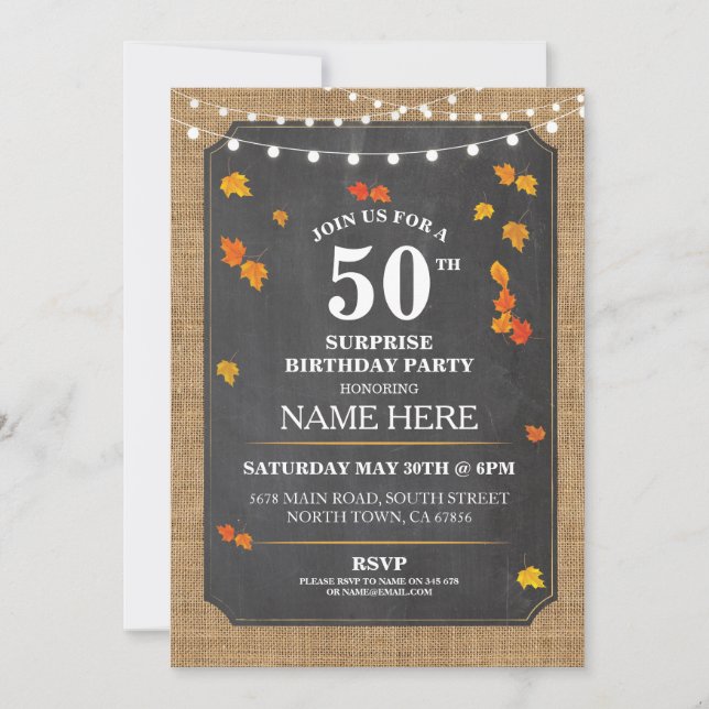 Rustic Surprise Birthday Fall Party 50th Invite (Front)
