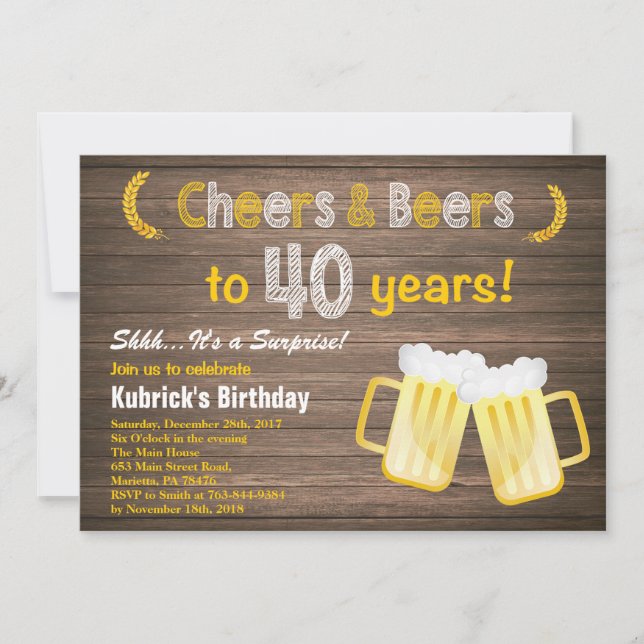 Rustic Surprise Cheers and Beers 40th Birthday Invitation (Front)