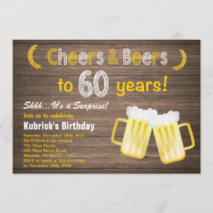 Rustic Surprise Cheers and Beers 60th Birthday Invitation