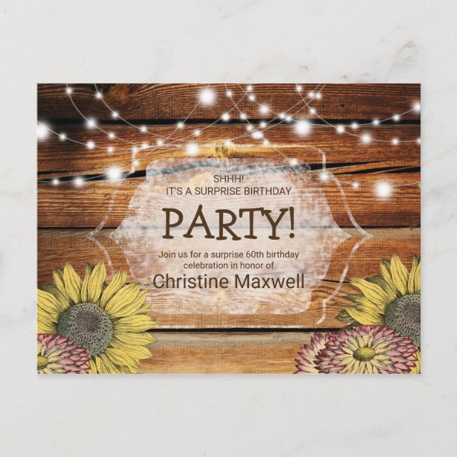 Rustic Surprise Sunflower 60th Birthday Invitation Postcard (Front)