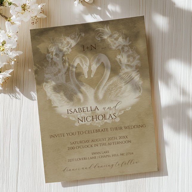 Rustic Swan Monogram Wedding Invite (Romantic Wedding Invite)