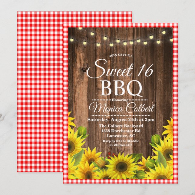 Rustic Sweet 16 BBQ Invitation tournesol (Devant / Derrière)