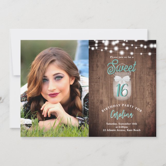 Rustic Sweet 16 Mason Jar Lights Teal Birthday Invitation (Front)