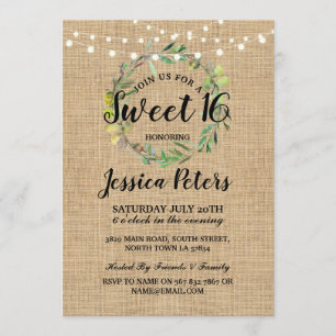 Rustic Sweet 16 Party Burlap Green Wreath Invite