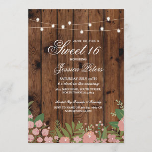 Rustic Sweet 16 Party Coral Floral Invitation bois