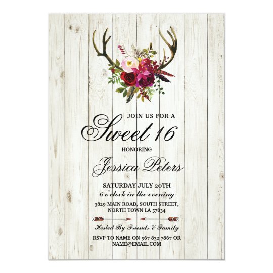 Rustic Sweet 16 Party Floral Antlers Stag Invite