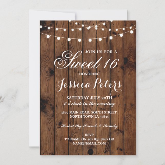 Rustic Sweet 16 Party Floral Wood Lights Invite (Front)