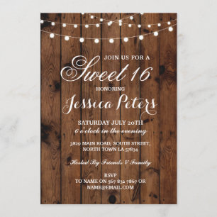 Rustic Sweet 16 Party Floral Wood Lights Invite