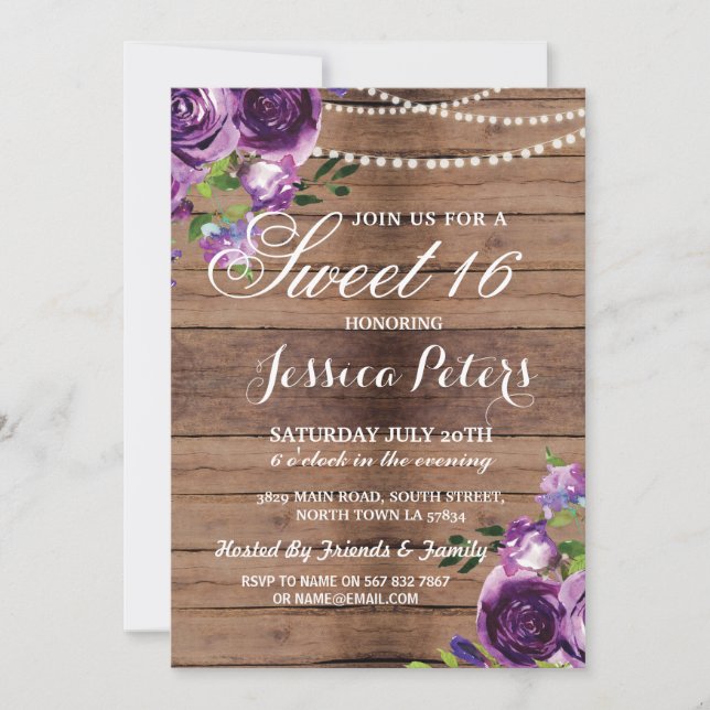 Rustic Sweet 16 Party Floral Wood Purple Invite (Front)