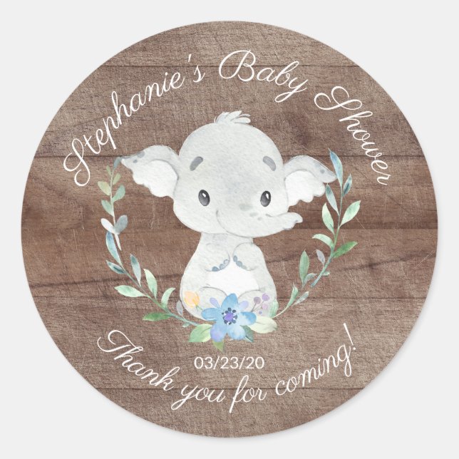 Rustic Sweet Elephant Boys Baby Shower Favour Classic Round Sticker (Front)