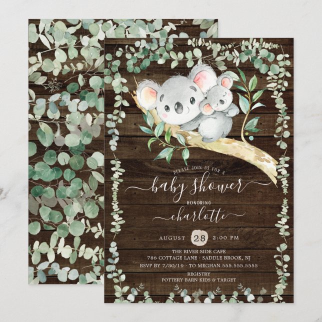Rustic Sweet Koala Bear Baby Shower Invitation (Front/Back)