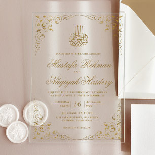 Rustic Swirl Frame Gold Muslim Wedding Acrylic Invitations