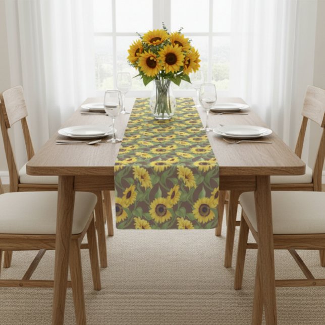 Rustic Table Runner with Sunflower Print, Brown  (Creator Uploaded)