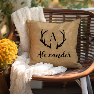 Rustic Tan Antler Monogram Throw Pillow