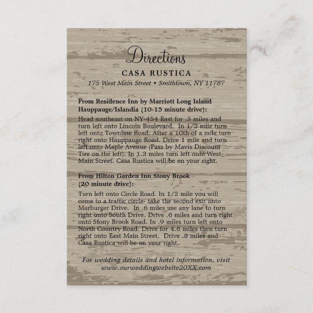 Rustic Tan Barn Wood Wedding Directions Card (Front)