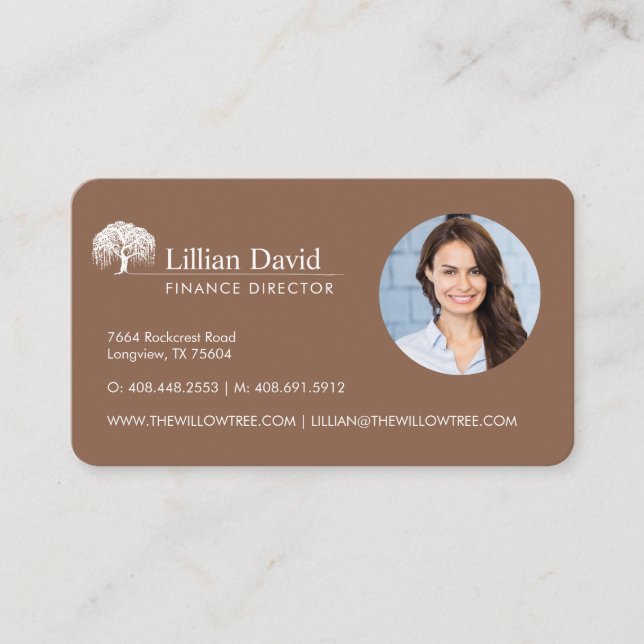 Rustic Tan Brown & White Willow Tree Logo Photo Business Card (Front)