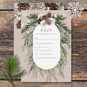 Rustic Tan Pine Winter Sparkle Wedding RSVP Card