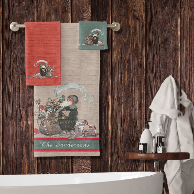 Rustic Tan Red Green Christmas Old World  Santa Bath Towel Set (Creator Uploaded)