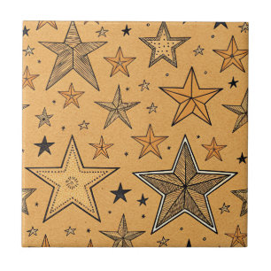 Rustic Tan Star Print with Black Orange Accents Tile