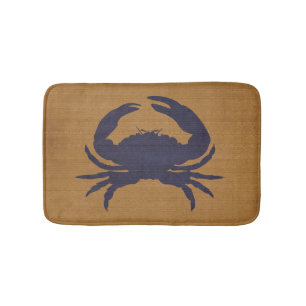 Rustic Tan with Dark Blue Crab Bath Mat