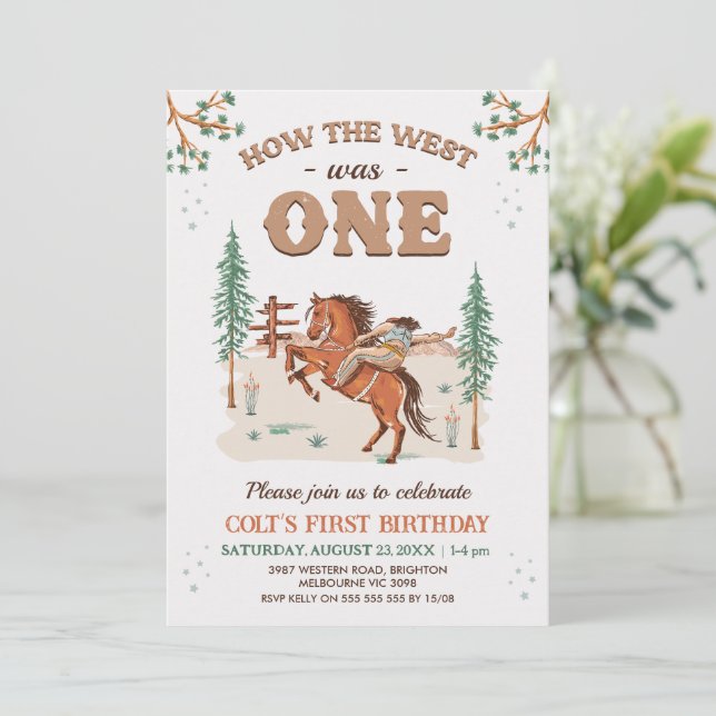 Rustic Tan Woodland How West Was One 1st Birthday Invitation (Standing Front)