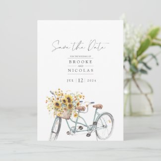 Rustic Tandem Bicycle Sunflower Watercolor Wedding Save The Date