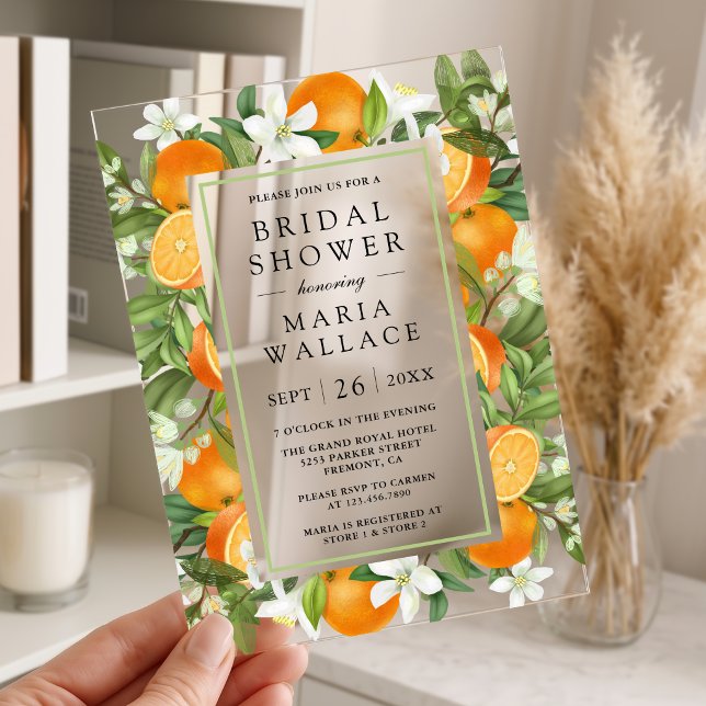 Rustic Tangerine Citrus Orange Bridal Shower Acrylic Invitations (Creator Uploaded)