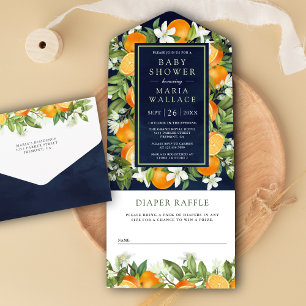 Rustic Tangerine Citrus Orange Navy Baby Shower All In One Invitation