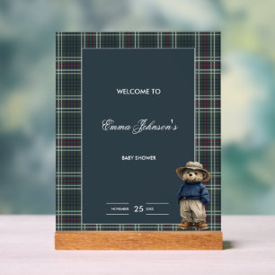 Rustic Tartan Bear Baby Shower Acrylic Sign