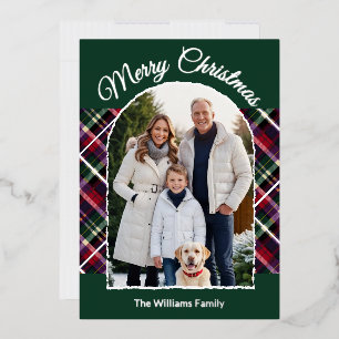 Rustic Tartan Plaid Arch Photo Green Christmas Foil Holiday Card