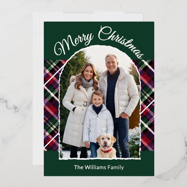 Rustic Tartan Plaid Arch Photo Green Christmas Foil Holiday Card (Envelope)