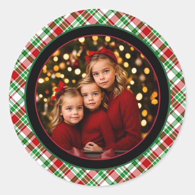 Rustic Tartan Plaid Christmas or Holiday Photo Classic Round Sticker (Front)