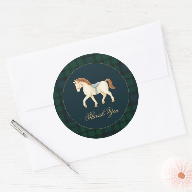 Rustic Tartan Plaid Horse Baby Shower  Classic Round Sticker (Envelope)
