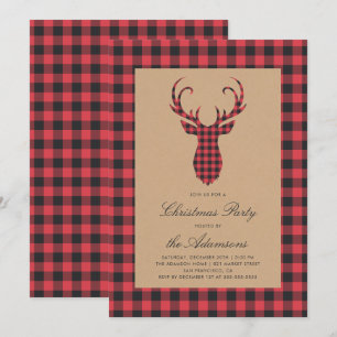Rustic Tartan Plaid Reindeer Christmas Party Invitation