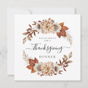 Rustic Taupe Fall Floral Thanksgiving Dinner Invitation