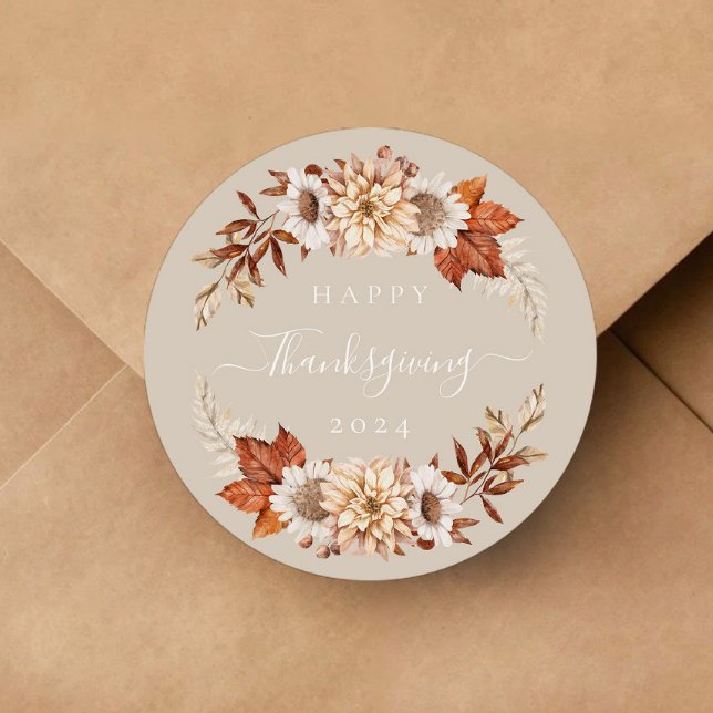 Rustic Taupe Fall Leaves Happy Thanksgiving  Classic Round Sticker (Rustic Taupe Fall Leaves Happy Thanksgiving Classic Round Sticker)