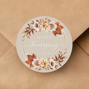 Rustic Taupe Fall Leaves Happy Thanksgiving  Classic Round Sticker