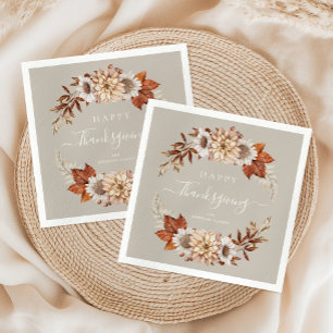 Rustic Taupe Fall Leaves Happy Thanksgiving Napkin