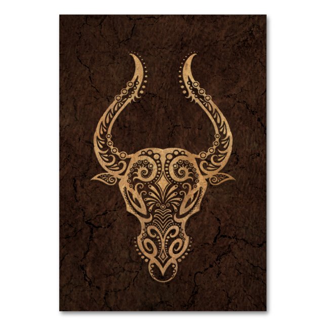 Rustic Taurus Zodiac Sign on Stone Effect Table Number (Front)