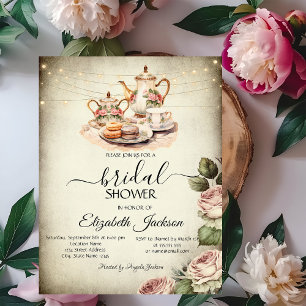 Rustic Tea Set,String Lights,Roses Bridal Shower Invitation