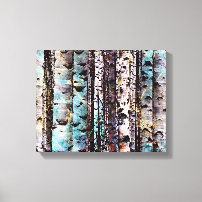 Rustic Teal and Grey Birch Woods Painting Canvas Print (Front)