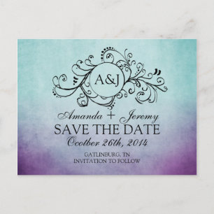 Rustic Teal and Purple Bohemian Save The Date Announcement Postcard