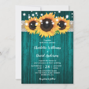 Rustic Teal and Sunflower Wedding Invitations