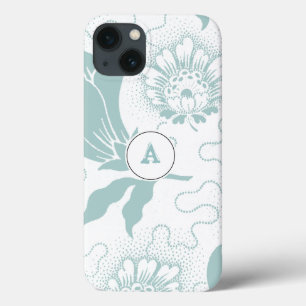 Rustic Teal And White Floral Print With Monogram iPhone 13 Case