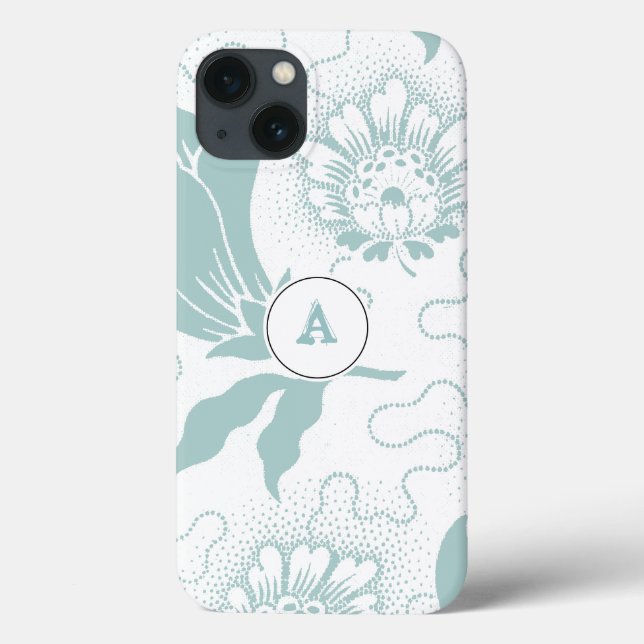 Rustic Teal And White Floral Print With Monogram Case-Mate iPhone Case (Back)