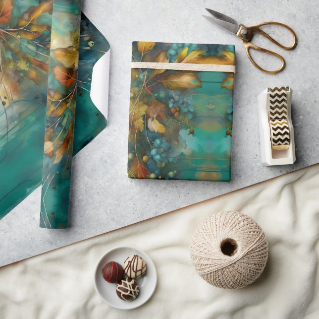 Rustic Teal Autumn Sprig leaves floral Wrapping Paper (Crafts)