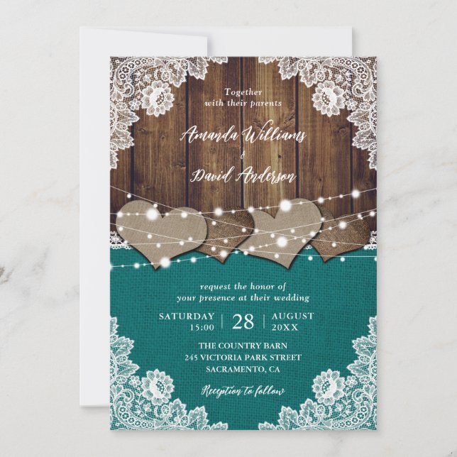 Rustic Teal Barn Wood Burlap Lace Wedding Invitation (Front)