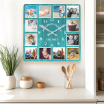 Rustic Teal Barn Wood Farmhouse 12 Photo Collage Square Wall Clock<br><div class="desc">Showcase your cherished family memories with this rustic teal barn wood photo collage wall clock. This personalized clock features a weathered wood grain design and space for 12 of your favourite photos. Add your family name and established year for a unique and sentimental touch. Perfect for a farmhouse kitchen, living...</div>