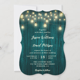 Rustic Teal Barn Wood String Lights Wedding Invitation