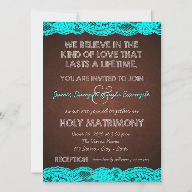 Rustic Teal Blue and Brown Country Wedding Invitation (Front)